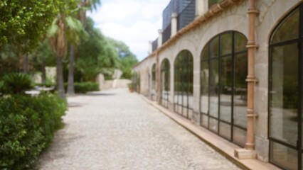 Blurred outdoor scene in mallorca featuring cobblestone pathway, arched windows, lush greenery, and mediterranean architecture with bright sky and defocused background