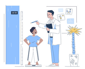 Pediatrician with boy. Man in medical uniform measuring height of little boy. Doctor and kid near height meter. Healthcare and medicine, treatment. Linear vector illustration