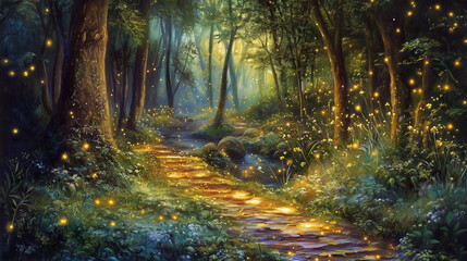 Obraz premium Enchanting forest path illuminated by fireflies at twilight