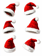 Six red Santa hats, various angles, white background.