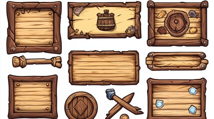 Naklejka premium Wooden game ui design elements - buttons and boards for menu interface. Cartoon vector illustration set of wood and parchment frame, title border and text box. Adventure mobile gui assets kit.