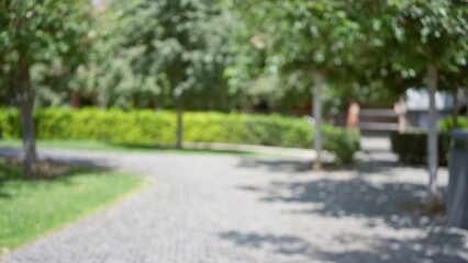 Blurred path in outdoor park setting with lush green trees and sunlight casting shadows on the...