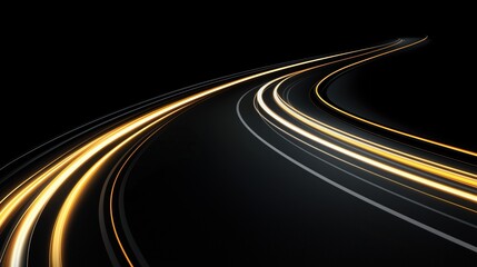 Curving golden light trails on black background. speed and modern technology