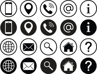 Communication contact information icon, Web, home, call, email, address, location, globe, question mark, telephone, website, icons 
