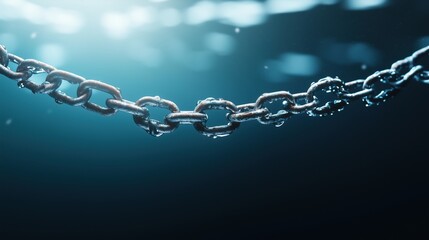 Underwater metallic chain with bubbles on dark background. resilience and depth