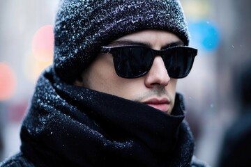 Fashionable young man showcases a chic winter look, bundled up in a stylish scarf and hat, as snowflakes gently fall around him in a bustling city