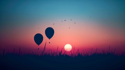 Beautiful sunset with four hot air balloons flying in the sky.