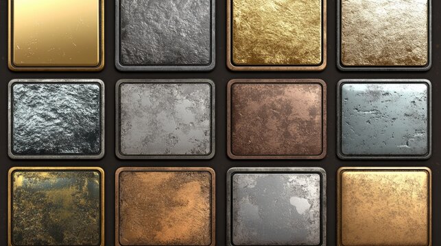 Square frames for game ui design. Vector cartoon set of user interface elements with border with gold, silver, steel, ice with snow, wooden and stone texture isolated on black background