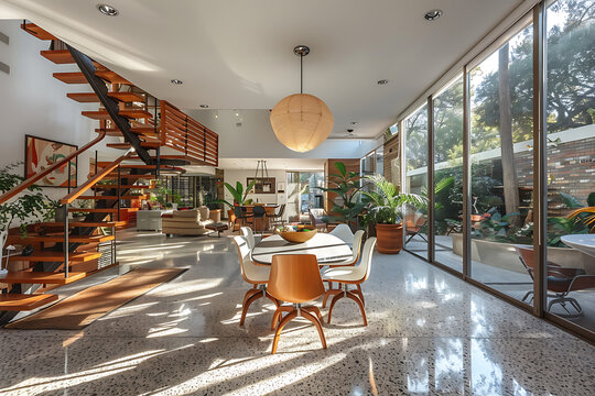 retro chic decor, embrace a timeless mid-century design with a spacious floor plan, iconic eames chairs, and a hint of modern sophistication