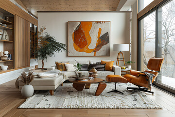 mid-century modern decor, create a mid-century living room with natural wood tones, iconic pieces, organic shapes, and a warm color palette for an authentic feel