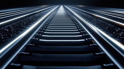 Illuminated railroad tracks at night extending into the distance. railway innovation and travel