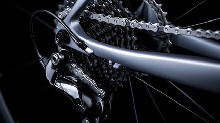Obraz premium Close-up of a bicycle drivetrain with detailed metal chains and gears against a dark background. mechanical engineering and cycling innovation