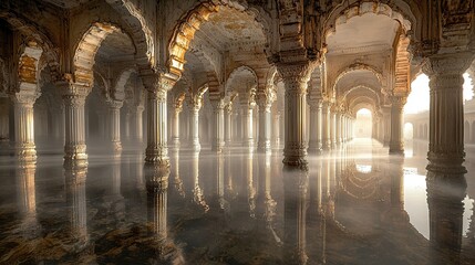 Sunlit Flooded Archway Ruins Misty Reflection.