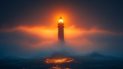 Fototapeta premium Luminous Lighthouse Stands Tall Amidst Misty Ocean Waves