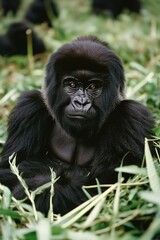 Obraz premium A close-up view of a gorilla resting in a grassy area