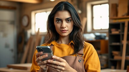 Focused Young Woman in Casual Wear Holding Smartphone in Artisan Workshop