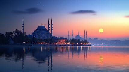 Naklejka premium Sunrise over Istanbul mosque reflected in calm water.