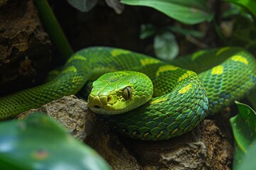 A vibrant green ratsnake resting on rocky terrain surrounded by lush foliage in a tropical habitat reveals its striking colors during daylight