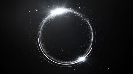 White neon glowing circle. Realistic vector illustration of light lens flare effect of circular shape with bright sparkle and streak. Shiny glare ring with ray and highlight. Luminous round frame.