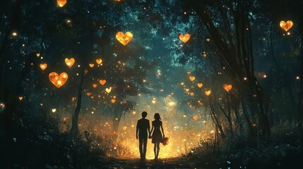 Fototapeta premium Romantic Forest Night: Enchanting Journey of Love Amidst Glowing Heart Lights Illuminating a Magical Pathway