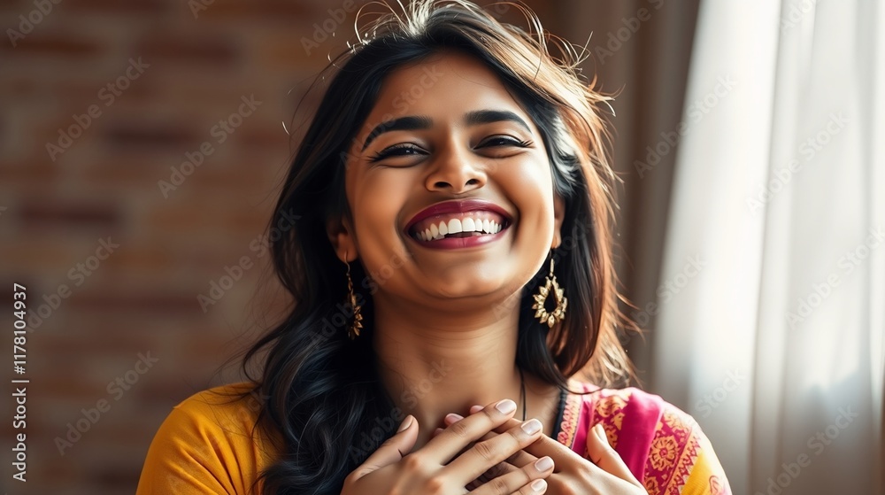 Wall mural Joyful Indian Woman in Traditional Attire Smiling Brightly with Warm Indoor Lighting