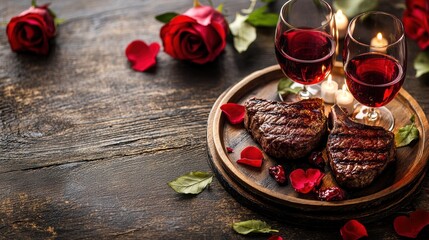 valentines dinner setup, romantic valentines dinner with two steak plates and wine glasses on a rustic wooden table, surrounded by candles and roses, leaving space for text