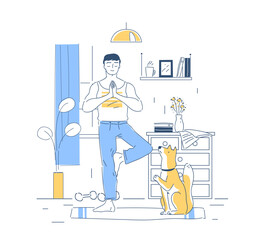 Yoga with dog. Man goes in for sports. Active lifestyle, fitness and workout. Motivation and concentration, meditation. Training indoors. Linear vector illustration