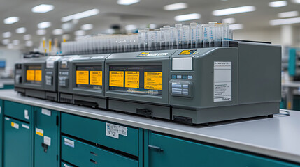 Automated equipment for scientific and microbiological analysis in a modern laboratory, with organized test tubes and advanced technological design in research precision. Generated with AI.