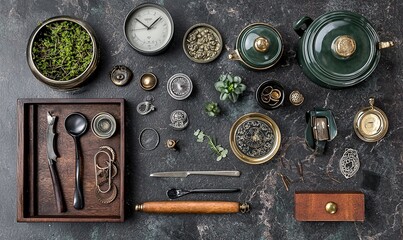Flat lay of vintage kitchenware, plants, clock on dark marble background.