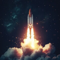 Fototapeta premium A space shuttle lifting off from the launchpad, clouds and smoke in the background