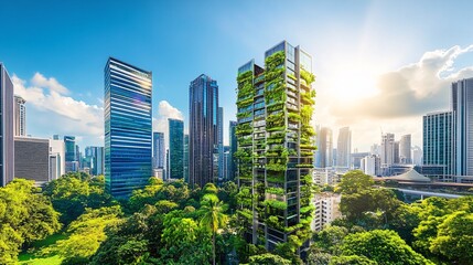 Fototapeta premium Futuristic Sustainable Cityscape with Eco-Friendly Skyscrapers and Green Urban Design