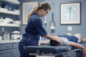 healthcare professional, a realistic image of a female chiropractor adjusting a patients back in a softly lit treatment room professional setting with tools and diagrams on walls, creating a serene