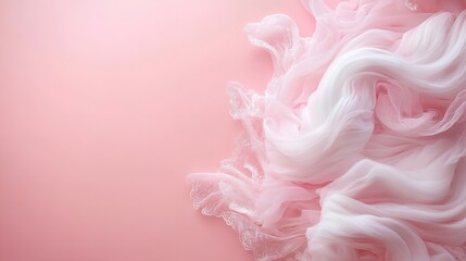 Fototapeta premium Flowing white fabric creates a delicate texture against a smooth pastel pink backdrop. The interplay of colors adds a serene and sophisticated touch to the visual composition