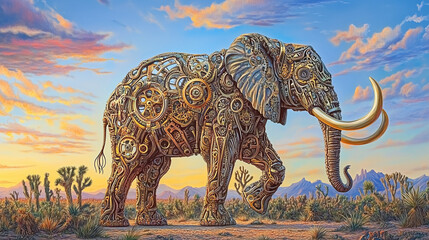 Fototapeta premium Mechanical elephant walking against desert sunset