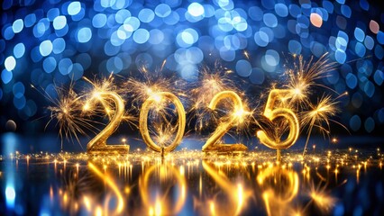 Sparkling 2025 New Year's Eve Celebration: Golden Sparklers on Dark Blue Background