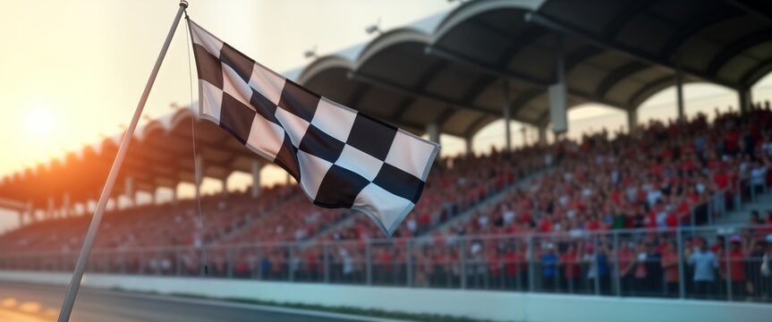 Checkered flag waves at racetrack finish line. Massive crowd cheers. Winning moment. Energetic atmosphere. Exciting competition. Grand prix event. Triumphant outcome. Sport. Audience enjoys success. - Powered by Adobe