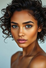 Naklejka premium Close-Up Portrait of a Young Woman with Curly Hair and Natural Makeup