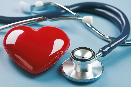 A red heart and a stethoscope on a blue surface, often used in medical or love-related contexts - Powered by Adobe