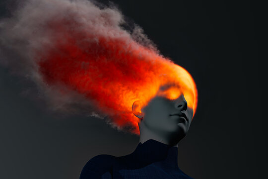 Conceptual representation of a burning head with vivid flames