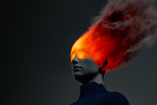 Conceptual representation of a burning head with vivid flames