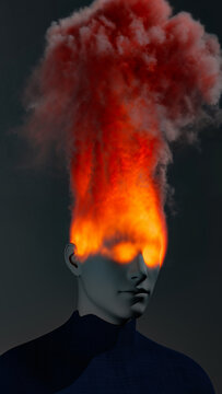 Conceptual representation of a burning head with vivid flames