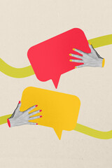 Trendy art creative vertical photo collage of hands hold bubble communication icon conversation...