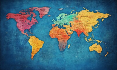 A colored world map on a blue background with continents labeled and country borders indicated.