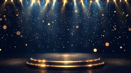 Fashion runway stage with golden spotlights and sparkles. Realistic 3d vector illustration of dark empty catwalk podium background. Abstract concert or night show studio corridor interior.