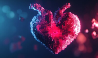 A 3D digital art representation of a pixelated heart, showcasing the beauty of love in technology and modern gaming culture.