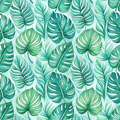 Fototapeta premium Seamless Watercolor Pattern Illustration of Tropical Leaves in Soft Greens and Blues. Perfect for Summer Invitations, Eco-Friendly Branding, and Nature-Inspired Design Projects.