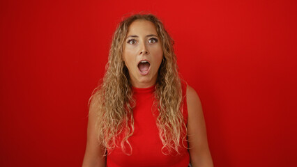 Fototapeta premium Woman wearing red shirt with surprised expression against a bright red wall background