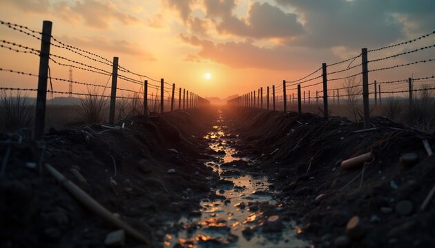 Sunrise on a WWI battlefield. Muddy trenches and barbed wire. Desolate landscape. Aftermath of war. Empty no mans land. Sunrise illuminates the scene. War. Destruction. Historical place.
