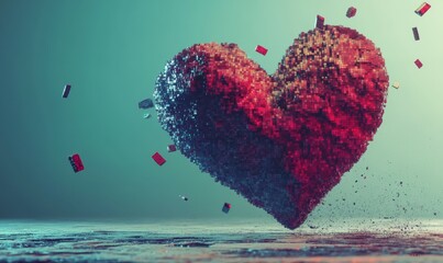 A 3D digital art representation of a pixelated heart, showcasing the beauty of love in technology and modern gaming culture.