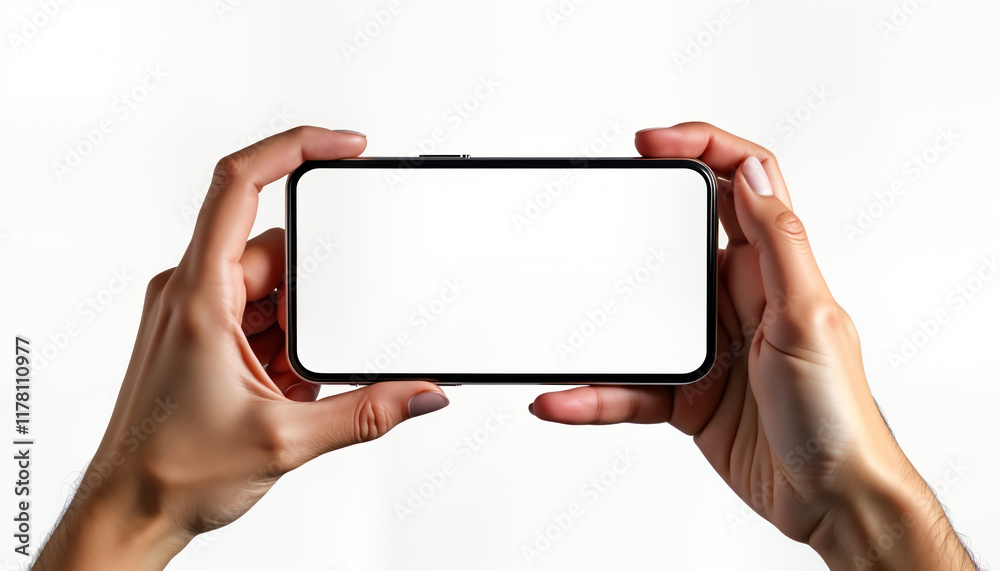 Poster Two hands hold smartphone with blank screen. Isolated white background. Modern tech device. Empty display mockup. Versatile design template. User interaction concept. Ideal for promotional materials.